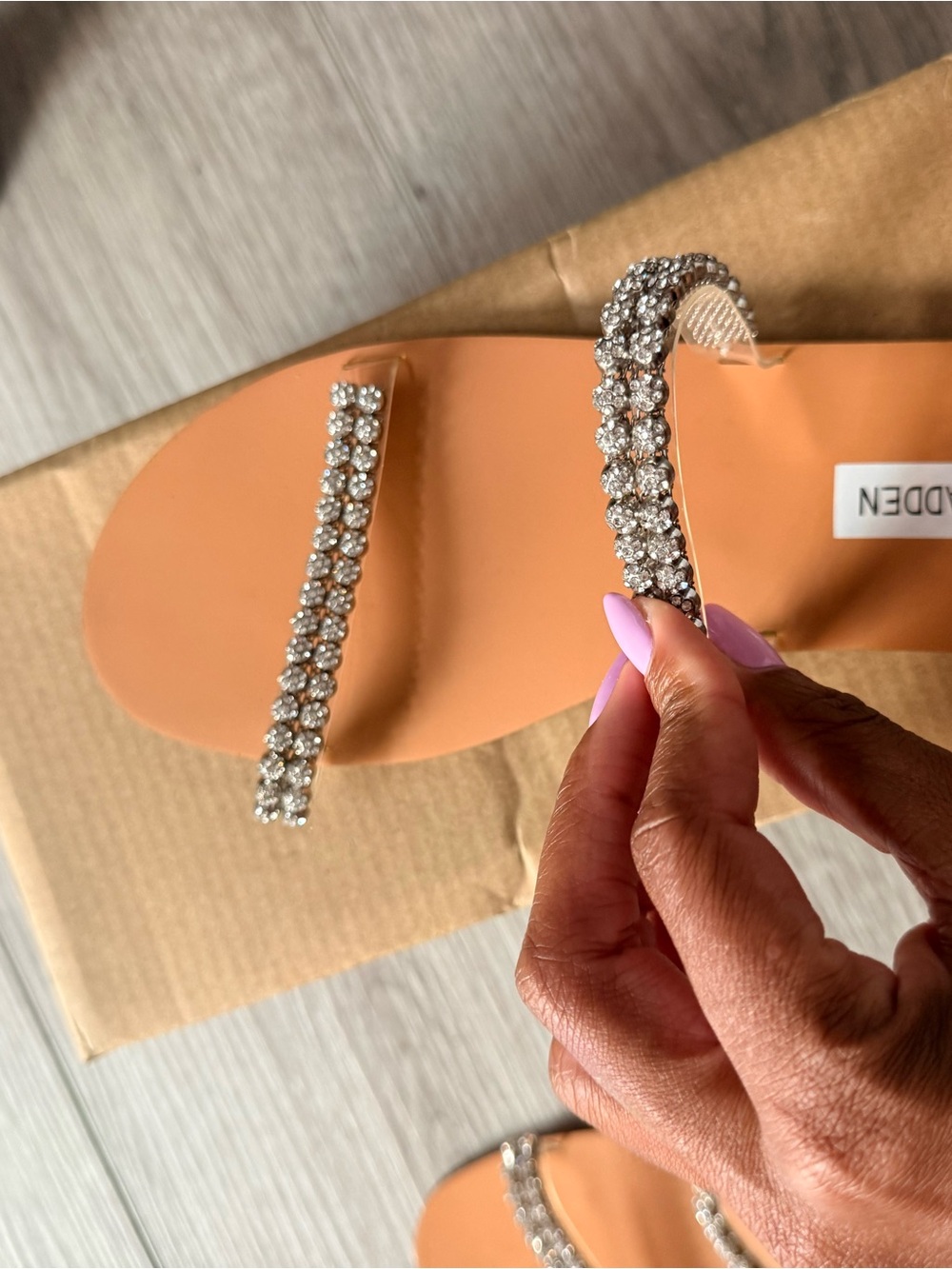 Steve Madden Tan Slide Sandals with Rhinestone Straps - Picture 4 of 7